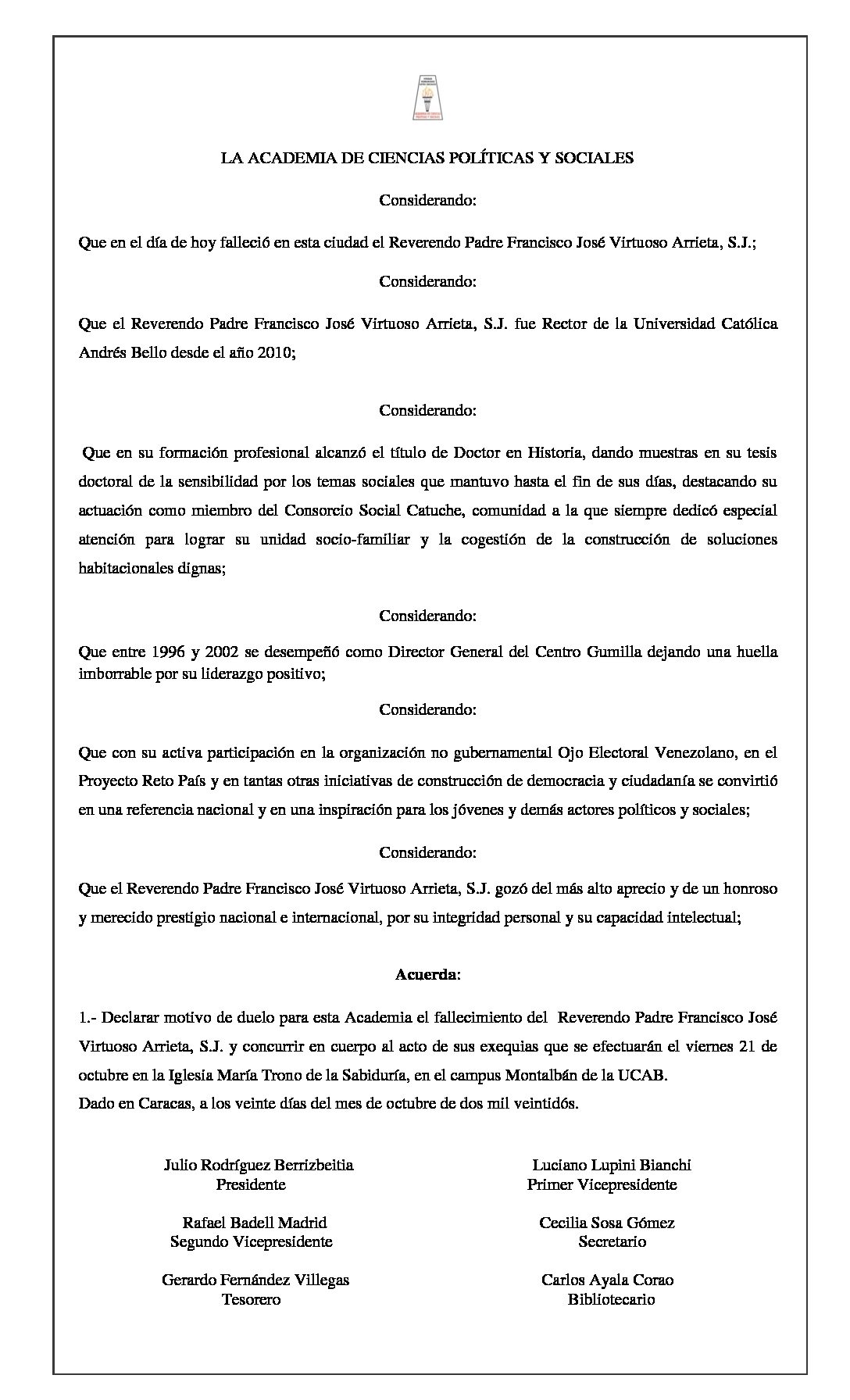 Acuerdo de duelo con ocasión del lamentable fallecimiento del Reverendo Padre Francisco José Virtuoso Arrieta s.j.