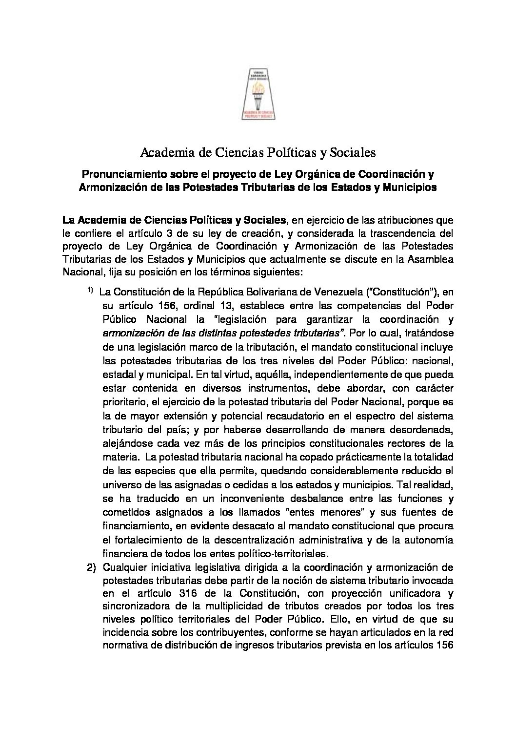 Pronunciamiento sobre el proyecto de Ley Orgánica de Coordinación y Armonización de las Potestades Tributarias de los Estados y Municipios