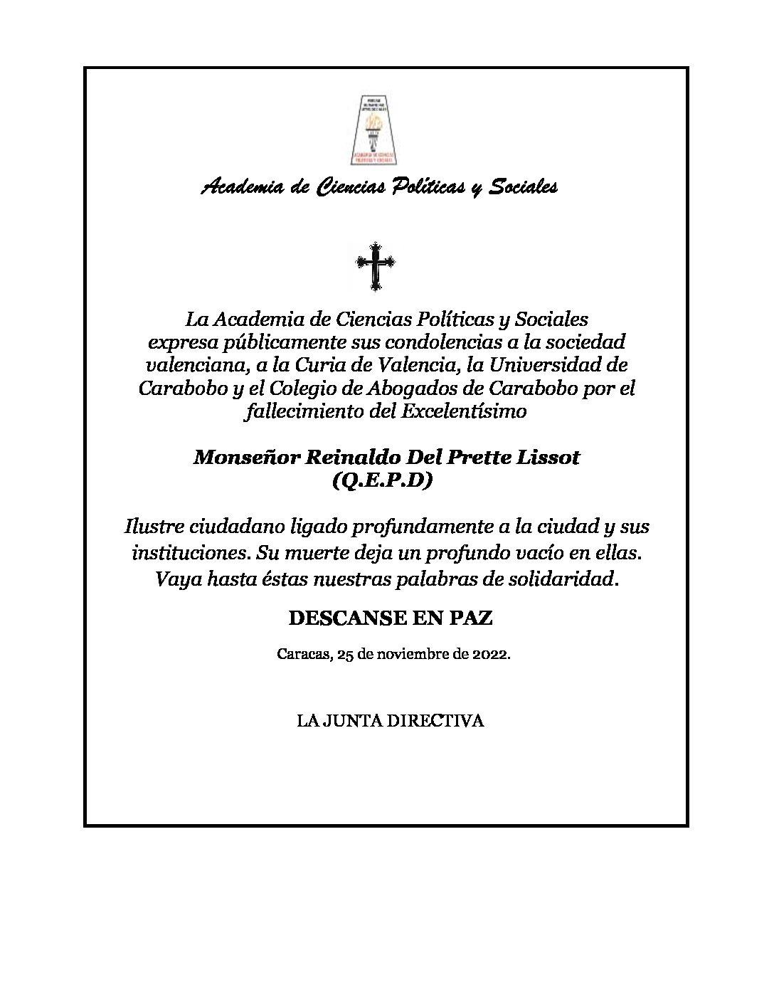 Nota de pesar de la Academia de Ciencias Políticas y Sociales por el sensible fallecimiento del Excelentísimo Monseñor Reinaldo Del Prette Lissot