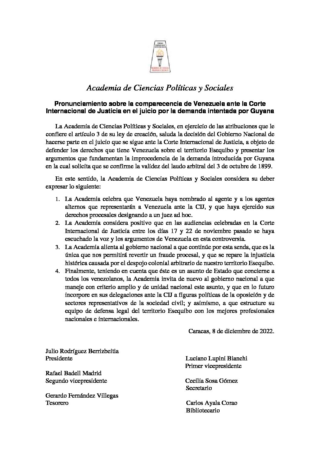 Pronunciamiento sobre la comparecencia de Venezuela ante la Corte Internacional de Justicia en el juicio por la demanda intentada por Guyana