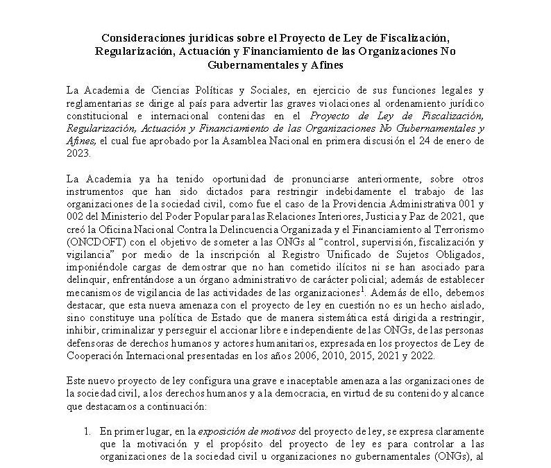 Consideraciones jurídicas sobre el Proyecto de Ley de Fiscalización, Regularización, Actuación y Financiamiento de las Organizaciones No Gubernamentales y Afines