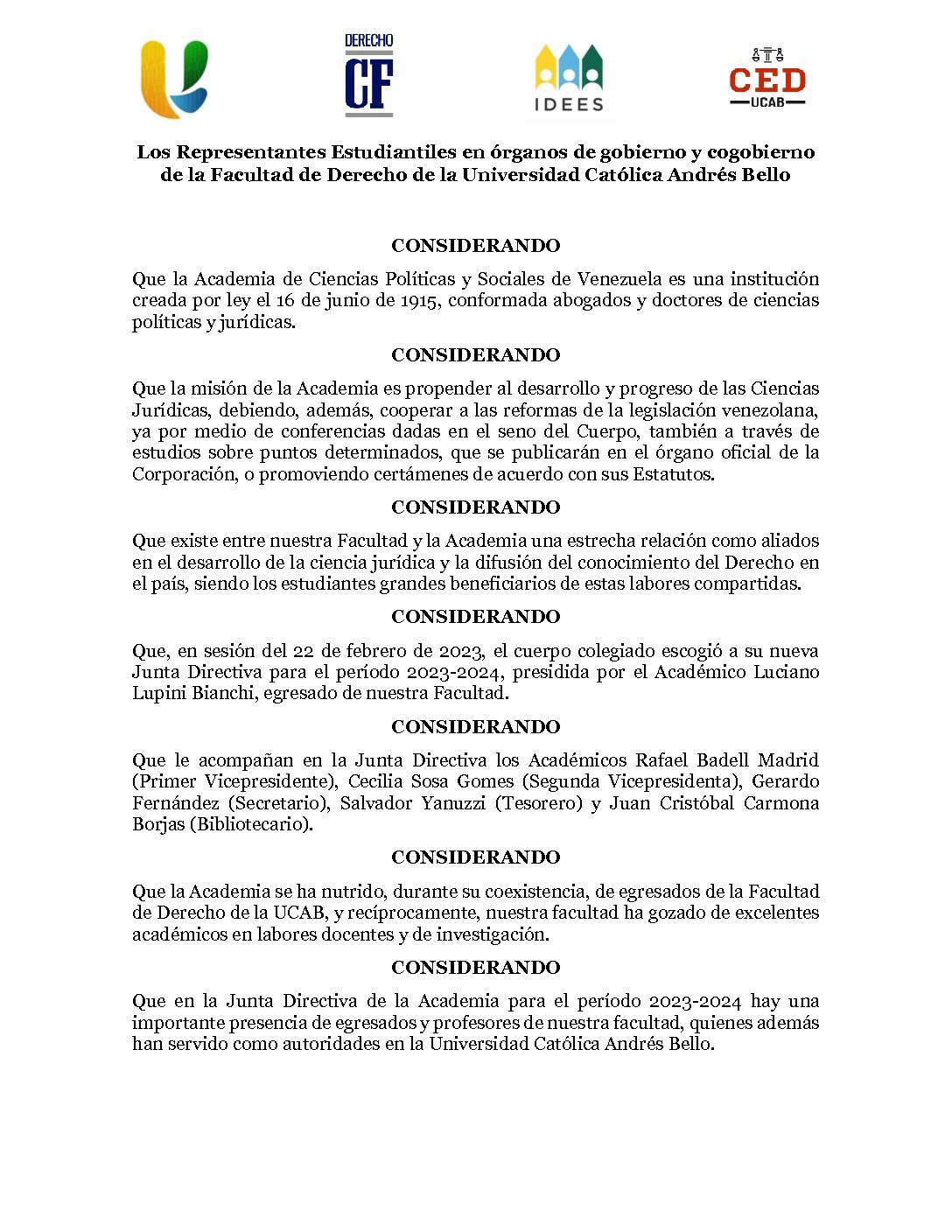 Acuerdo de los Representantes Estudiantiles en órganos de gobierno y cogobierno de la Facultad de Derecho de la Universidad Católica Andrés Bello