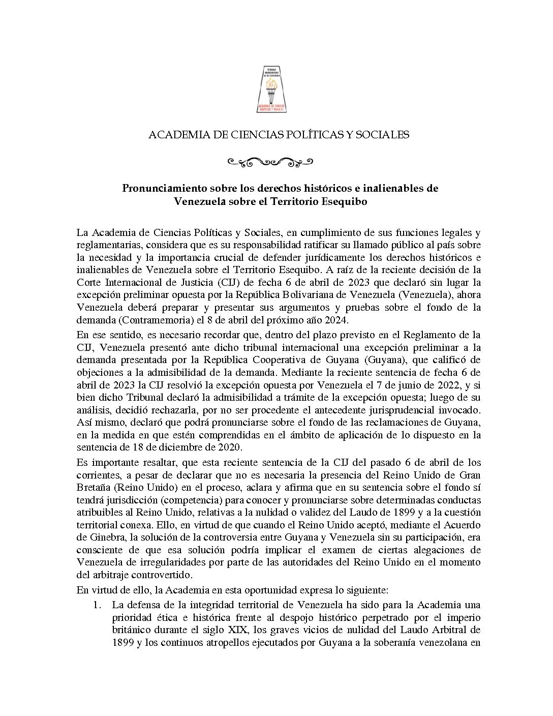 Pronunciamiento sobre los derechos históricos e inalienables de Venezuela sobre el Territorio Esequibo