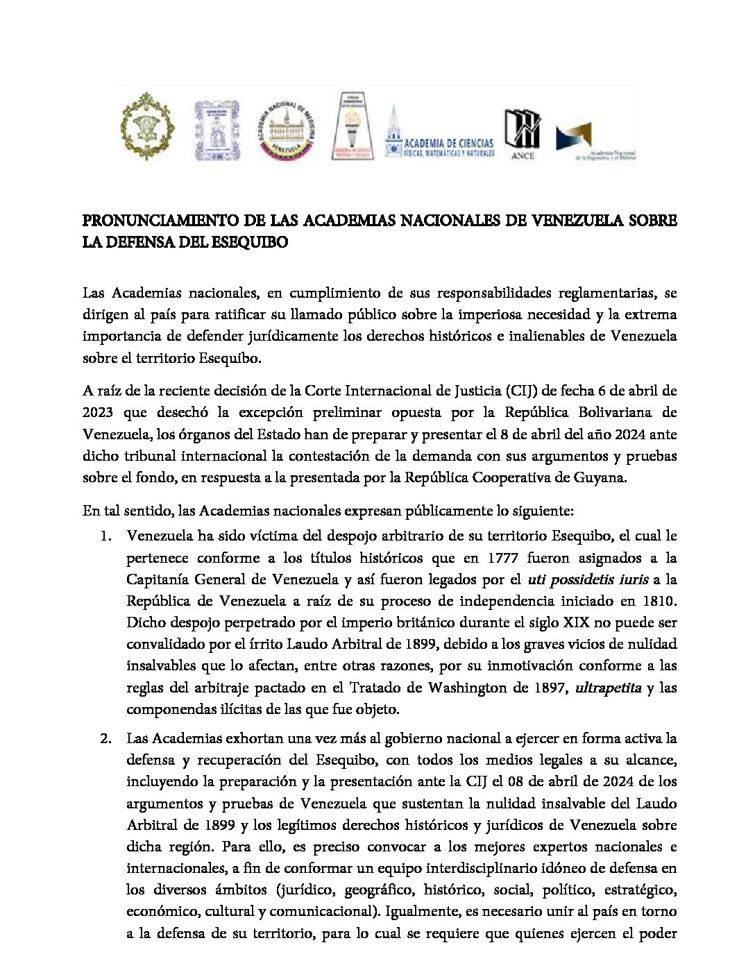 Pronunciamiento de las Academias nacionales de Venezuela sobre la defensa del Esequibo