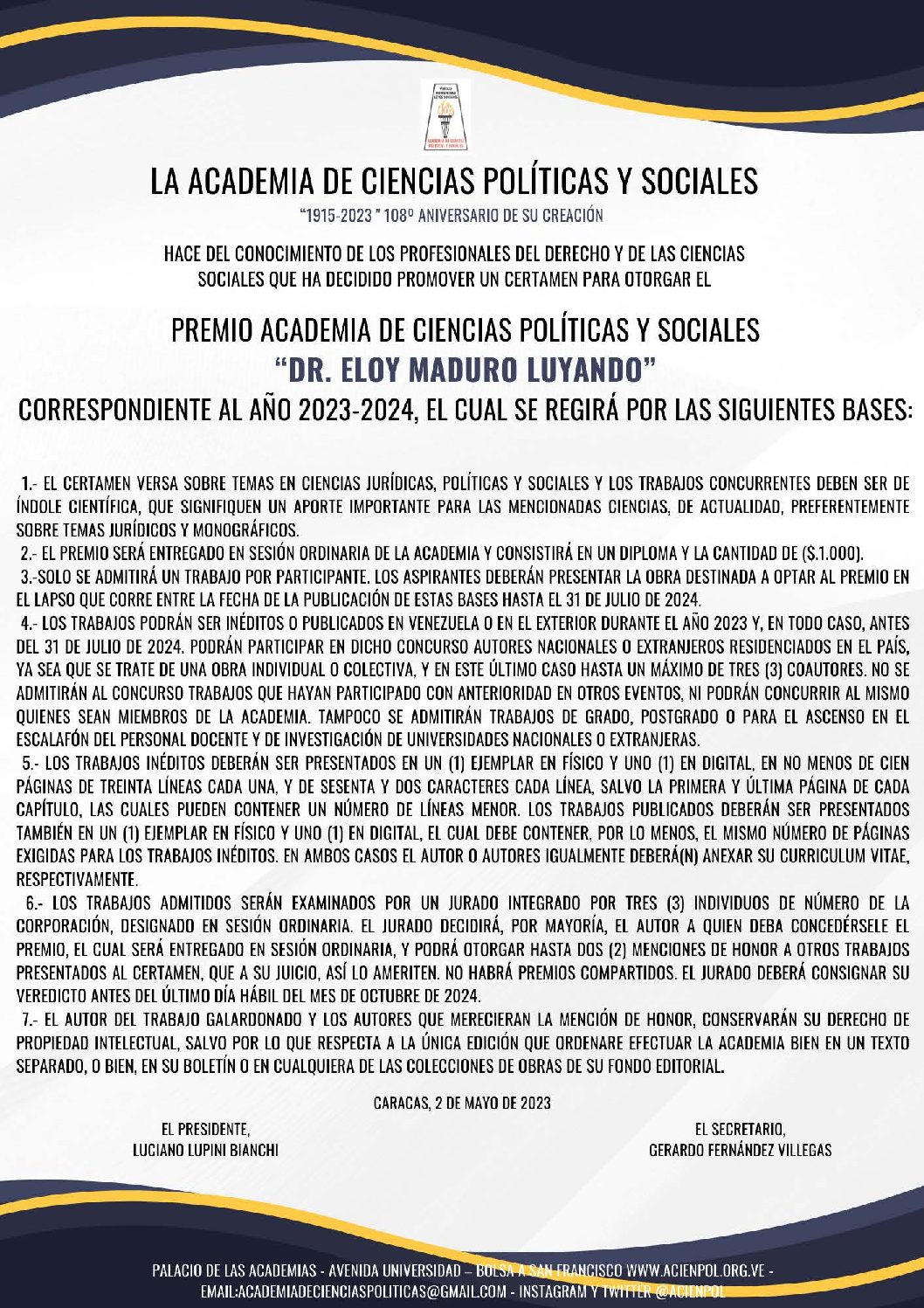 Bases Premio Academia de Ciencias Políticas y Sociales “Dr. Eloy Maduro Luyando” para profesionales del Derecho y Ciencias Sociales 2023-2024