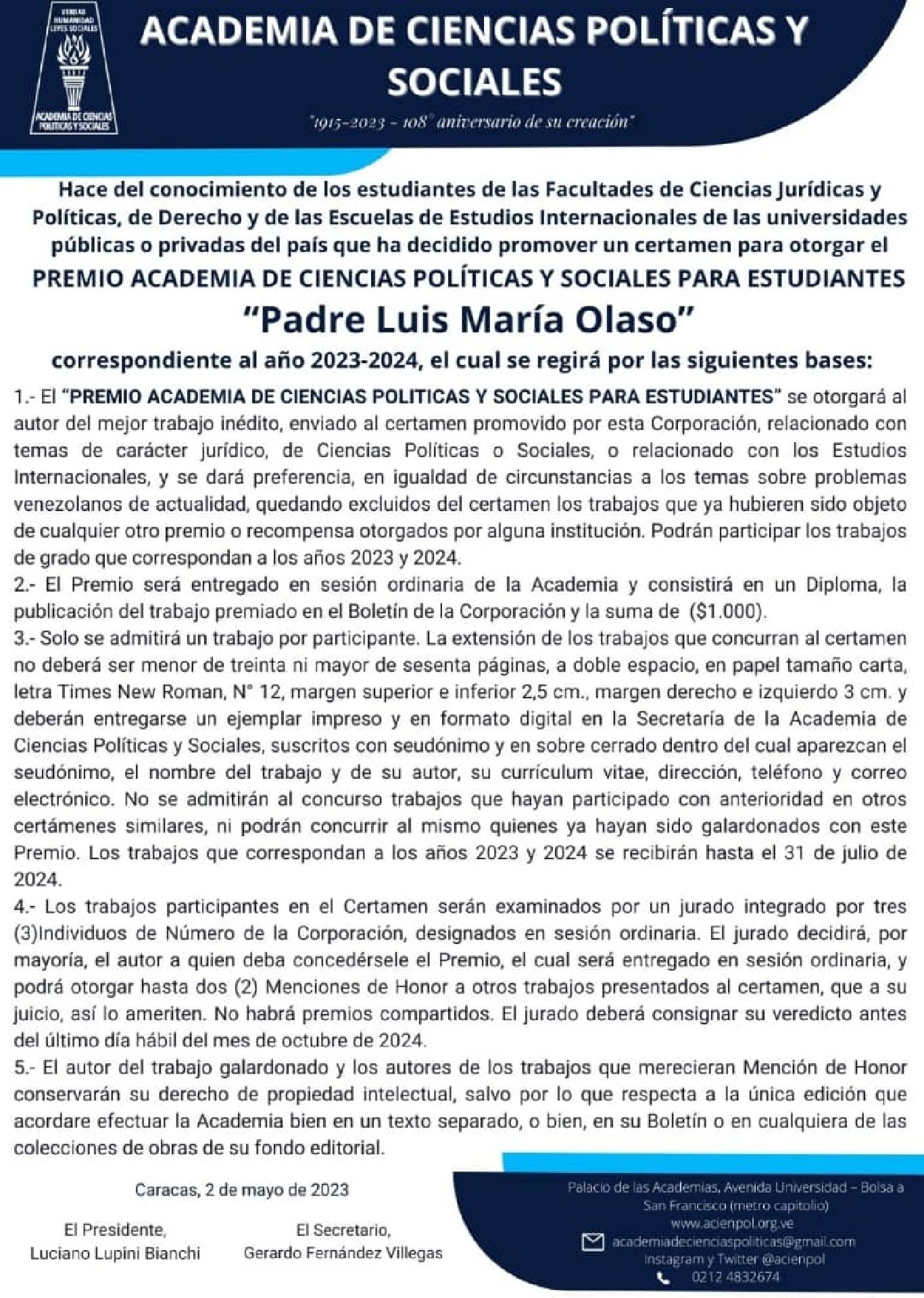 Bases Premio Academia de Ciencias Políticas y Sociales para estudiantes “Padre Luis María Olaso” 2023-2024