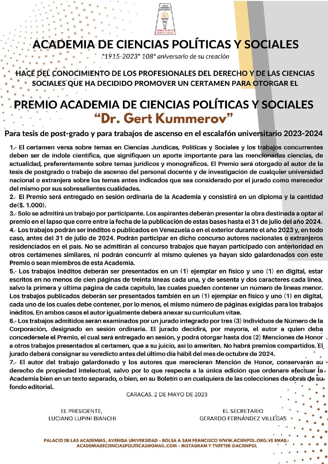 Bases Premio Academia de Ciencias Políticas y Sociales “Dr. Gert Kummerov” para tesis de post-grado y para trabajos de ascenso en el escalafón universitario 2023-2024