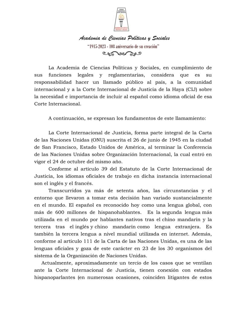 Pronunciamiento sobre la necesidad e importancia de incluir al español como idioma oficial de la Corte Internacional de Justicia de la Haya