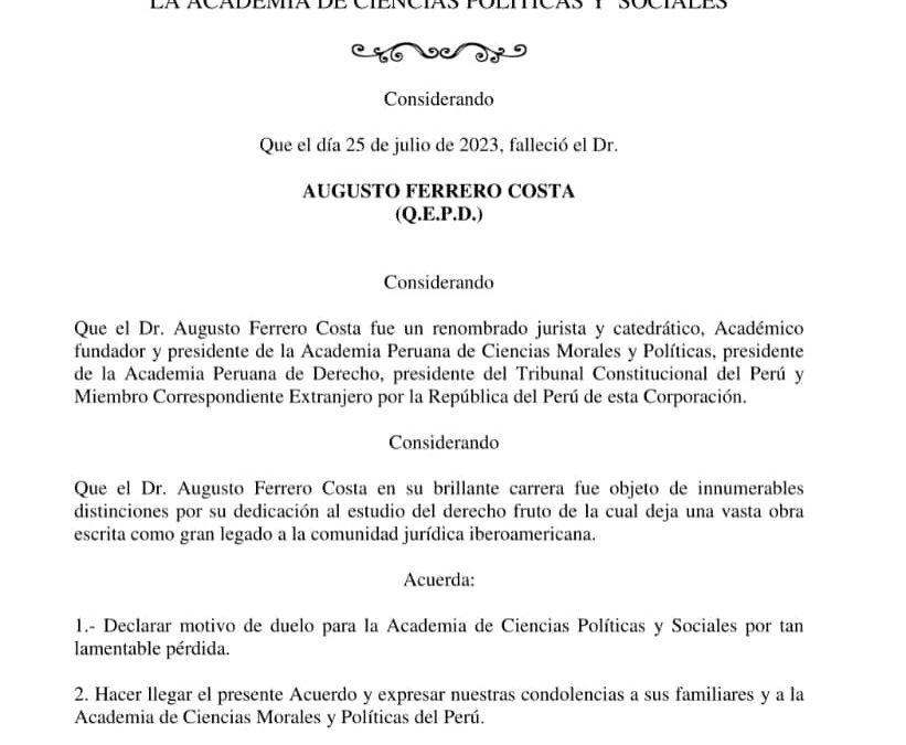 Acuerdo de duelo con ocasión del lamentable fallecimiento del Dr. AUGUSTO FERRERO COSTA