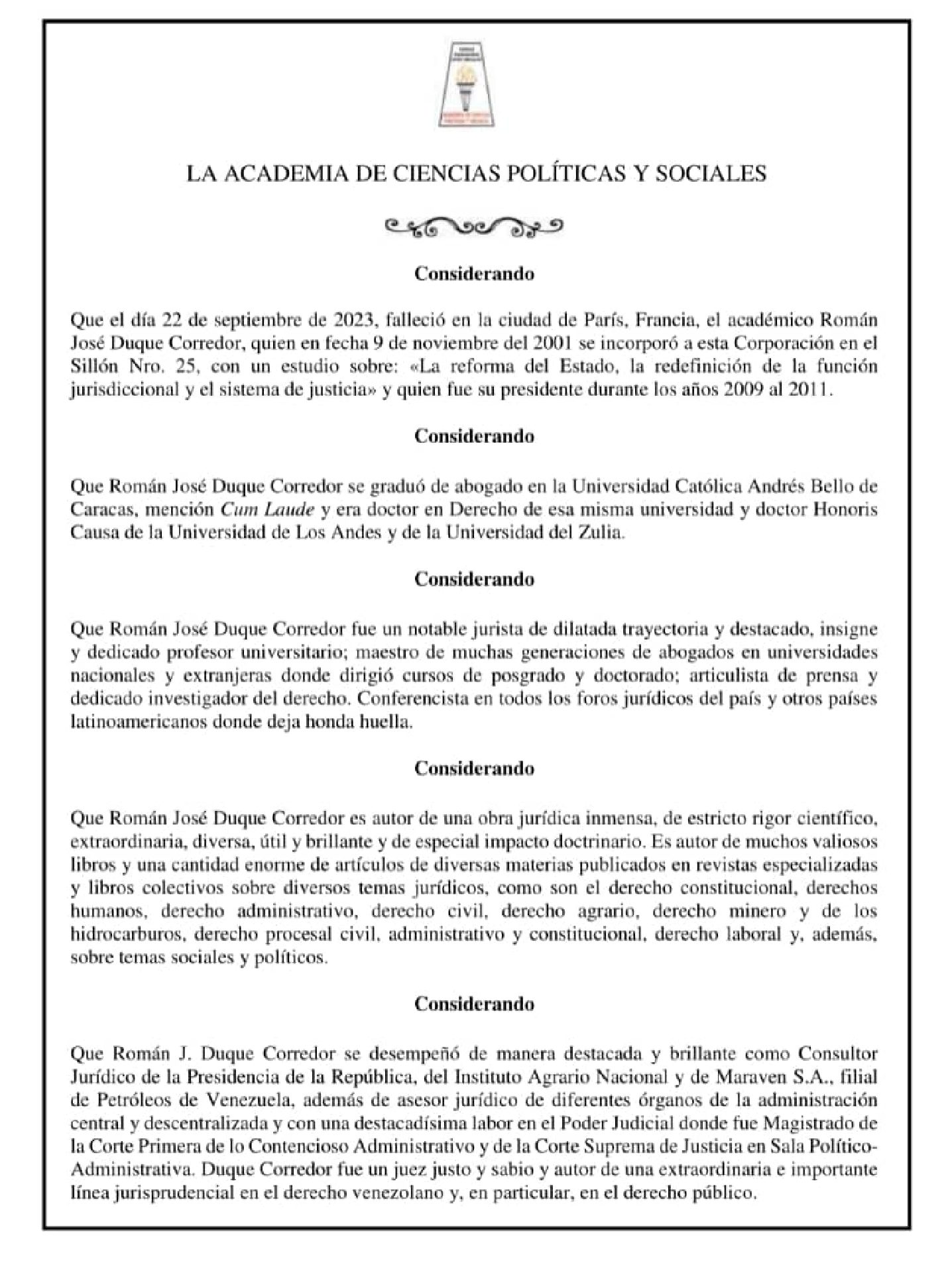 Acuerdo de duelo de la Academia de Ciencias Políticas y Sociales por el lamentable fallecimiento del académico Dr. ROMÁN JOSÉ DUQUE CORREDOR