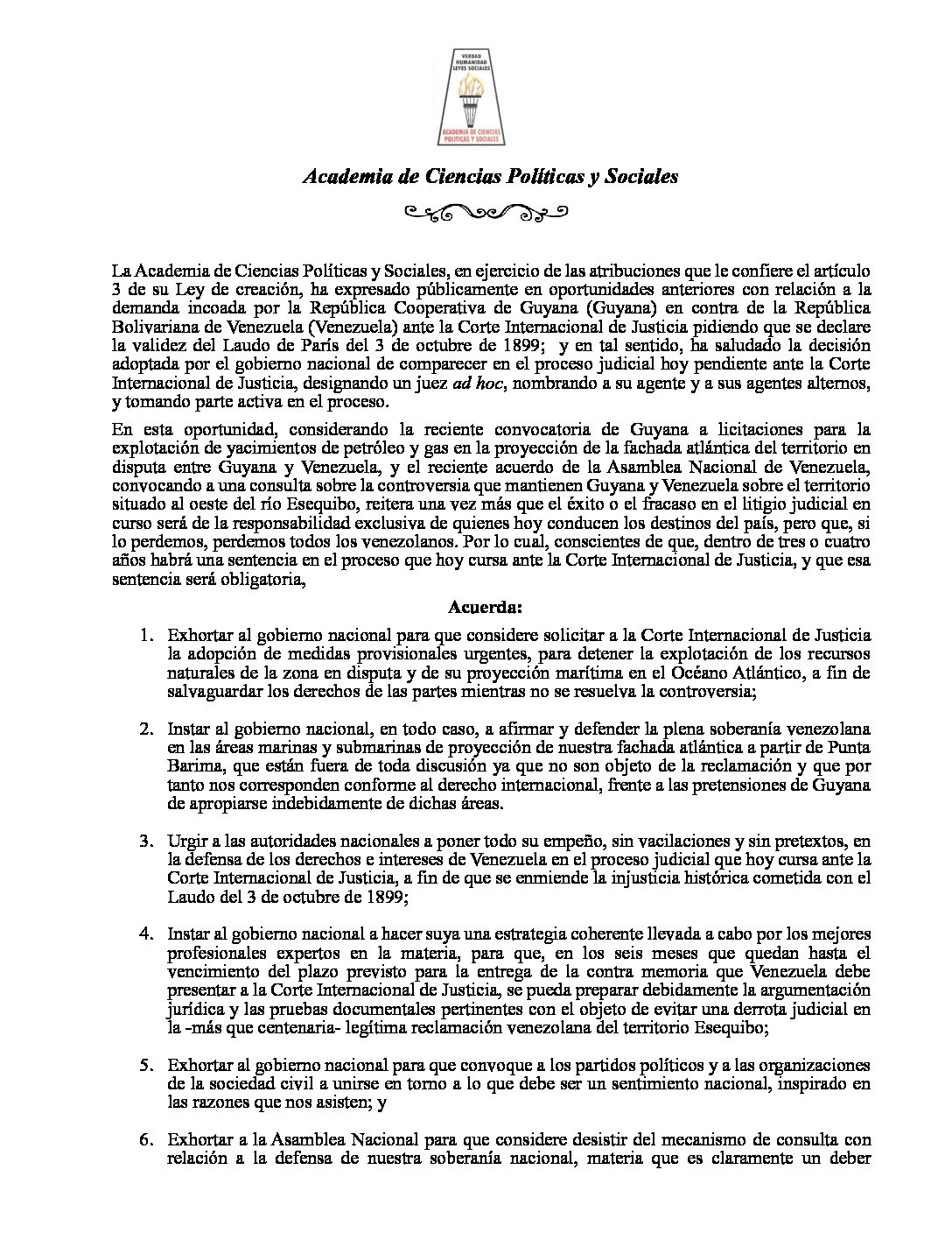 Comunicado de la Academia de Ciencias Políticas y Sociales sobre la controversia que mantienen Guyana y Venezuela sobre el territorio del Esequibo. Caracas, 05 de octubre de 2023