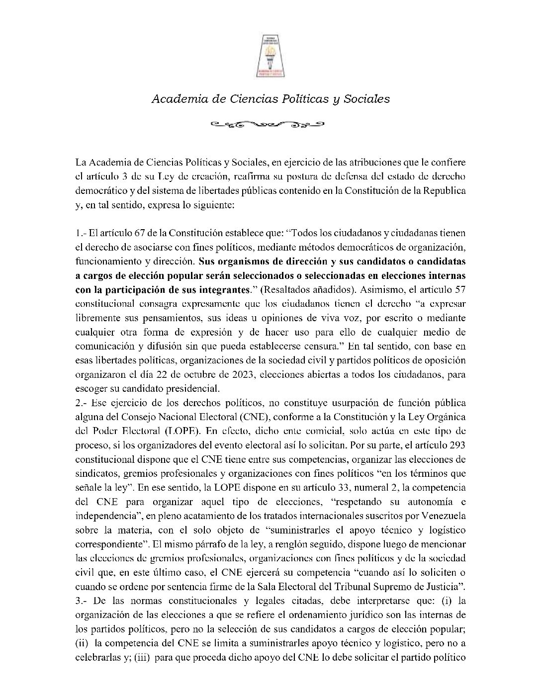 Pronunciamiento de la Academia de Ciencias Políticas y Sociales sobre las Elecciones Primarias. 30 de octubre de 2023