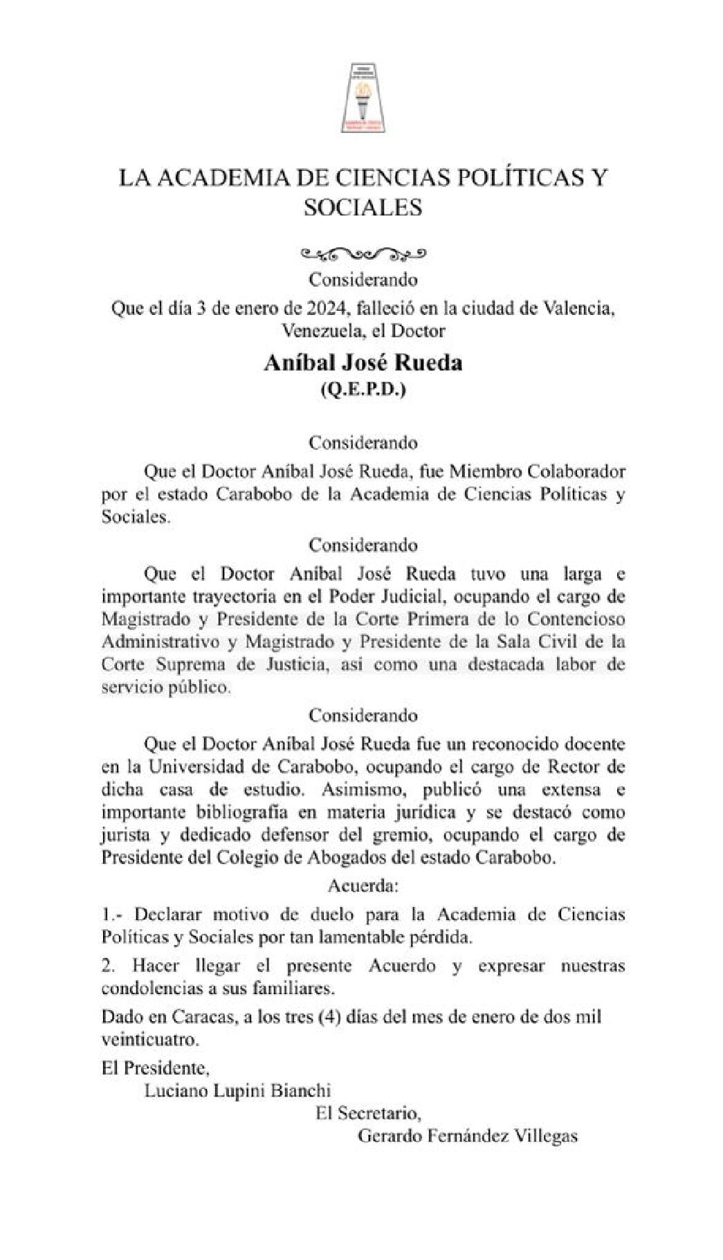 Acuerdo de duelo de la Academia de Ciencias Políticas y Sociales por el lamentable fallecimiento del Dr. ANÍBAL JOSÉ RUEDA