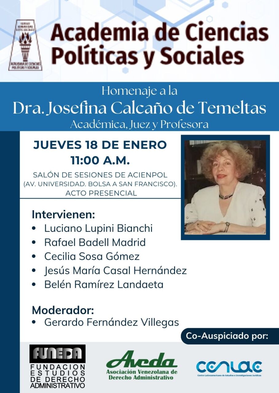 Homenaje a la Dra. Josefina Calcaño de Temeltas.  Jueves, 18 de enero de 2024. Hora: 11:00 a.m.