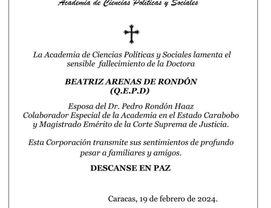 Nota de duelo por el lamentable fallecimiento de la Dra. Beatriz Arenas de Rondón