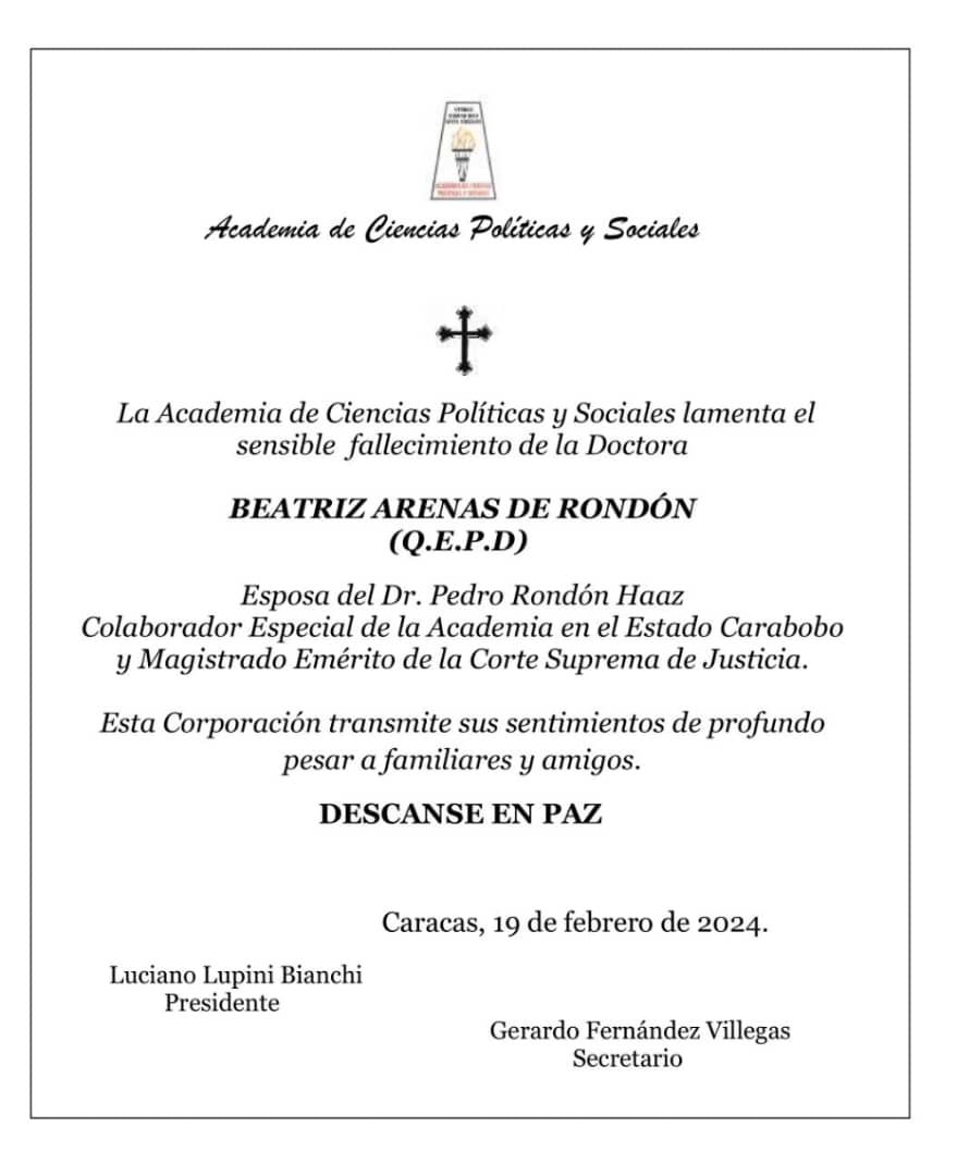 Nota de duelo por el lamentable fallecimiento de la Dra. Beatriz Arenas de Rondón