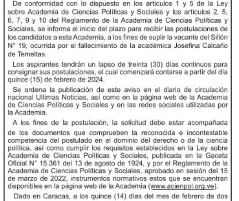 Aviso Oficial para suplir la vacante del Sillón N° 19