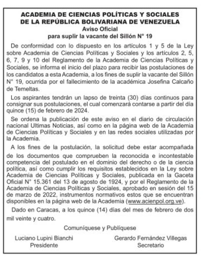 Aviso Oficial para suplir la vacante del Sillón N° 19
