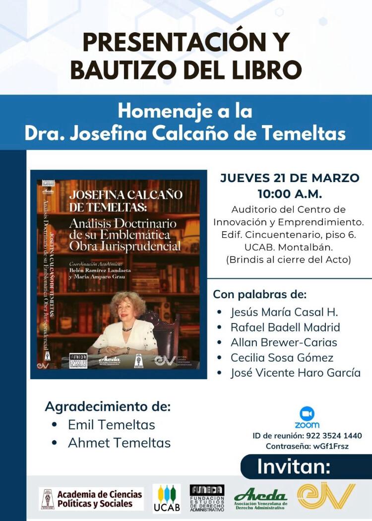 Presentación y bautizo del libro Homenaje a la Dra. Josefina Calcaño de Temeltas.  Jueves 21 de marzo de 2024. Hora: 10:00 a.m.