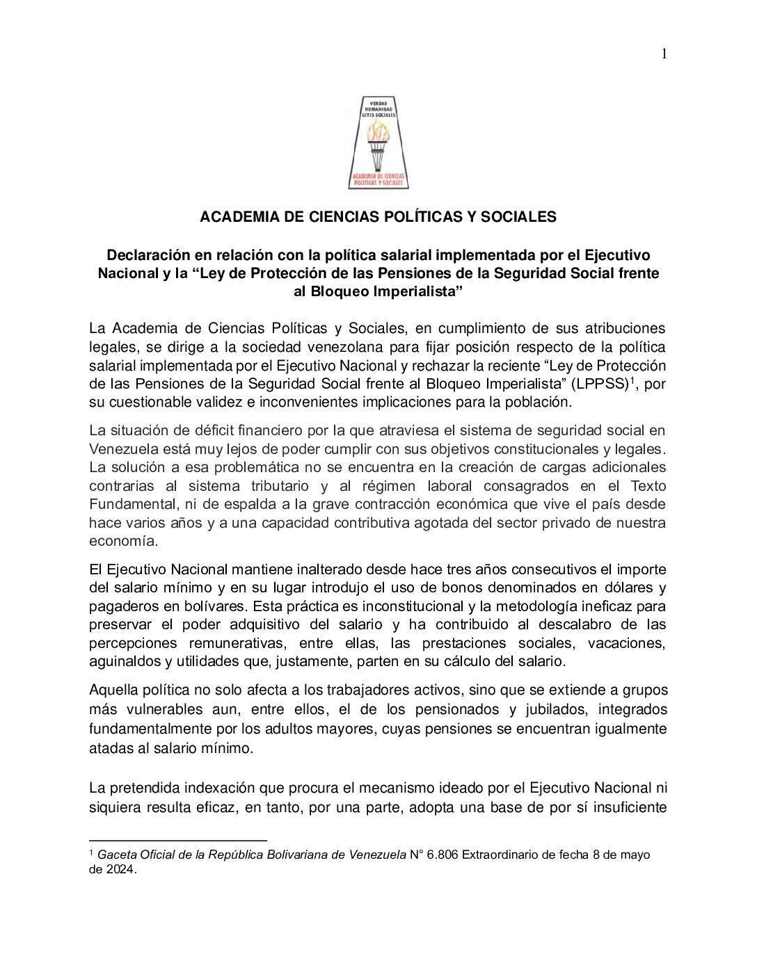 Declaración en relación con la política salarial implementada por el Ejecutivo Nacional y la “Ley de Protección de las Pensiones de la Seguridad Social frente al Bloqueo Imperialista”