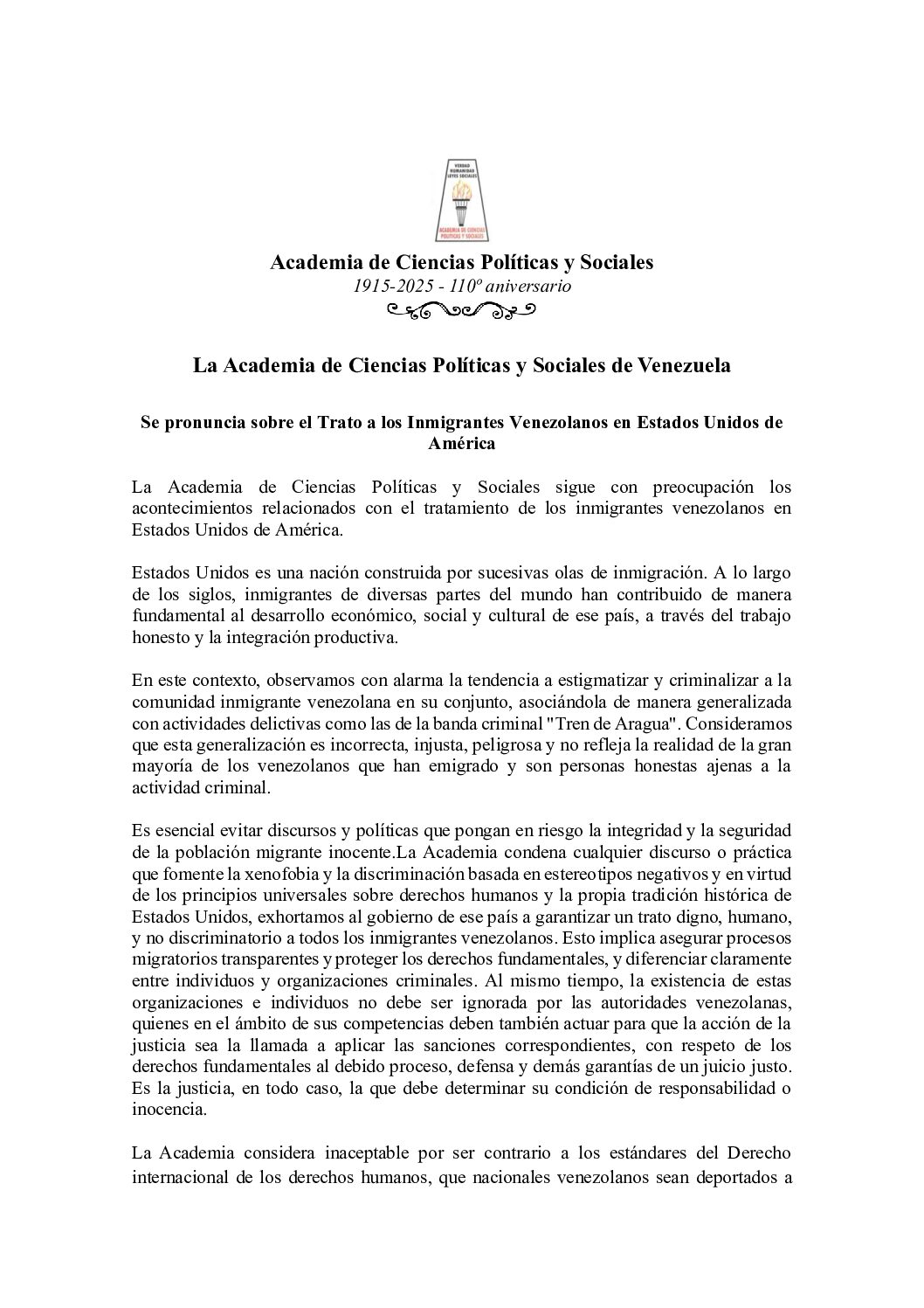 La Academia de Ciencias Políticas y Sociales de Venezuela. Se pronuncia sobre el Trato a los Inmigrantes Venezolanos en Estados Unidos de América