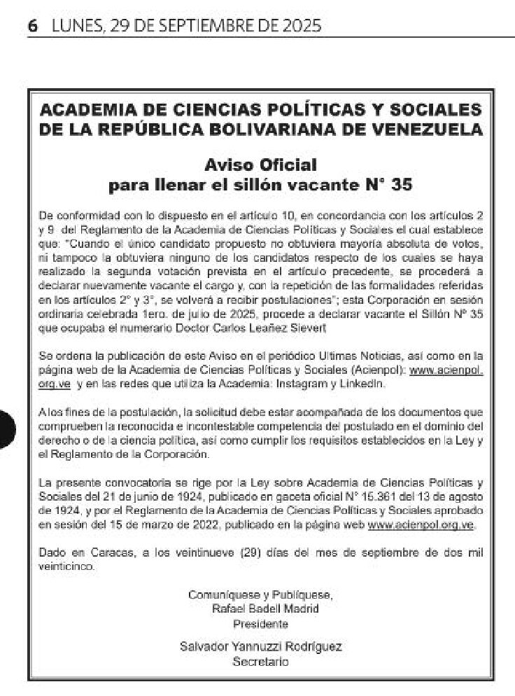 Aviso Oficial para llenar la vacante del Sillón N° 35. (Los aspirantes tendrán un lapso de treinta (30) días continuos para consignar sus postulaciones, el cual comenzará a contarse a partir del día treinta (30) de septiembre de 2025)
