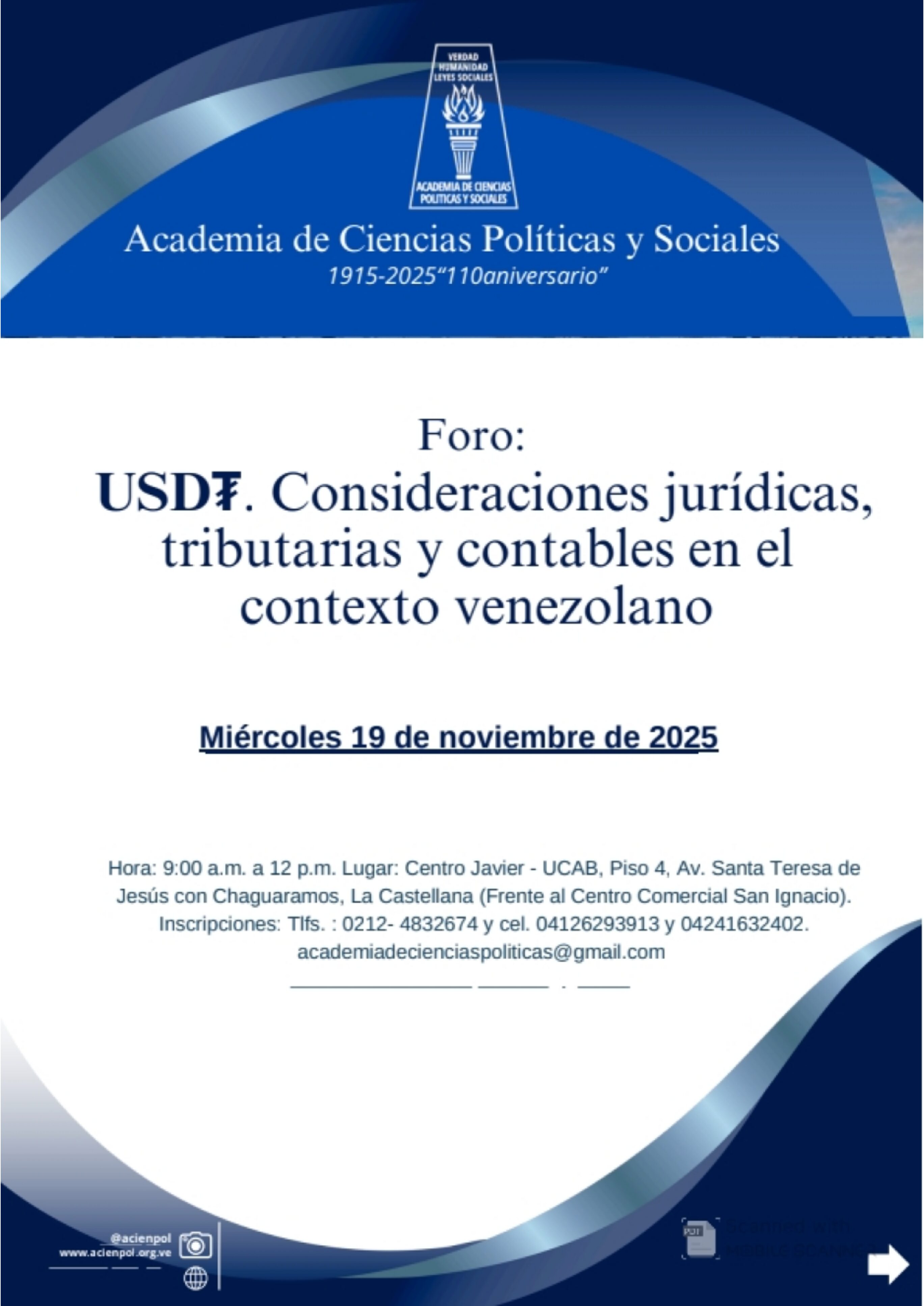 Foro: USDT. Consideraciones jurídicas tributarias y contables en el contexto venezolano, miércoles 19 de noviembre de 2025. Hora: 9:00 a.m. a 12 p.m.