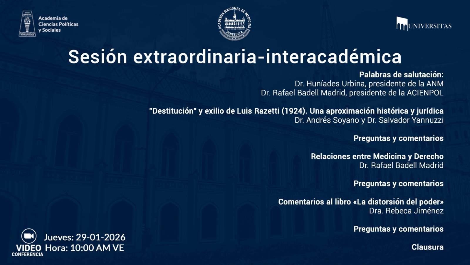 Sesión extraordinaria-interacadémica. Jueves 29 de enero de 2026. Hora: 10:00 a.m. VE