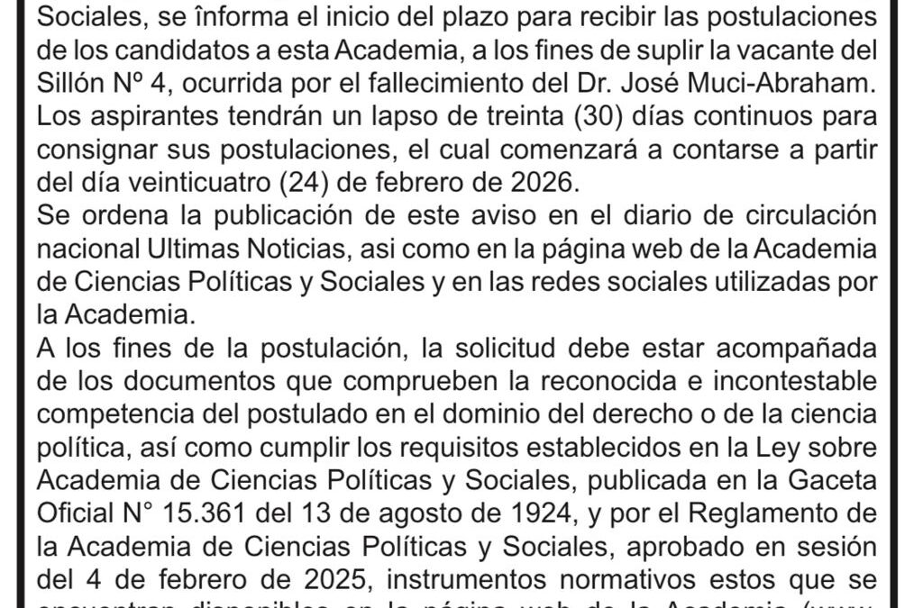 Academia de Ciencias Políticas y Sociales de la República Bolivariana de Venezuela. Aviso Oficial para suplir la vacante del Sillón Nº 4