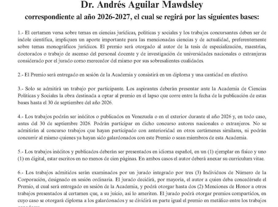 Bases Premio Academia de Ciencias Políticas y Sociales para Tesis de Especialización, Maestría, Doctorado y Trabajos de Ascenso en el Escalafón Universitario «Dr. Andrés Aguilar Mawdsley» 2026-2027