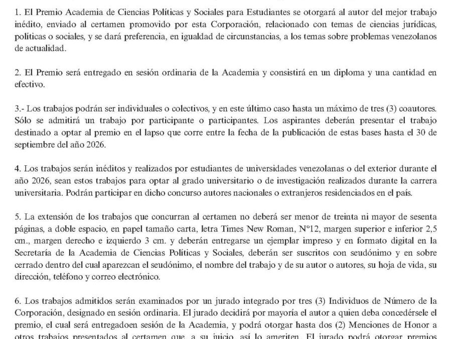 Bases Premio Academia de Ciencias Políticas y Sociales para Estudiantes «Dr. Gonzalo Parra Aranguren» 2026-2027