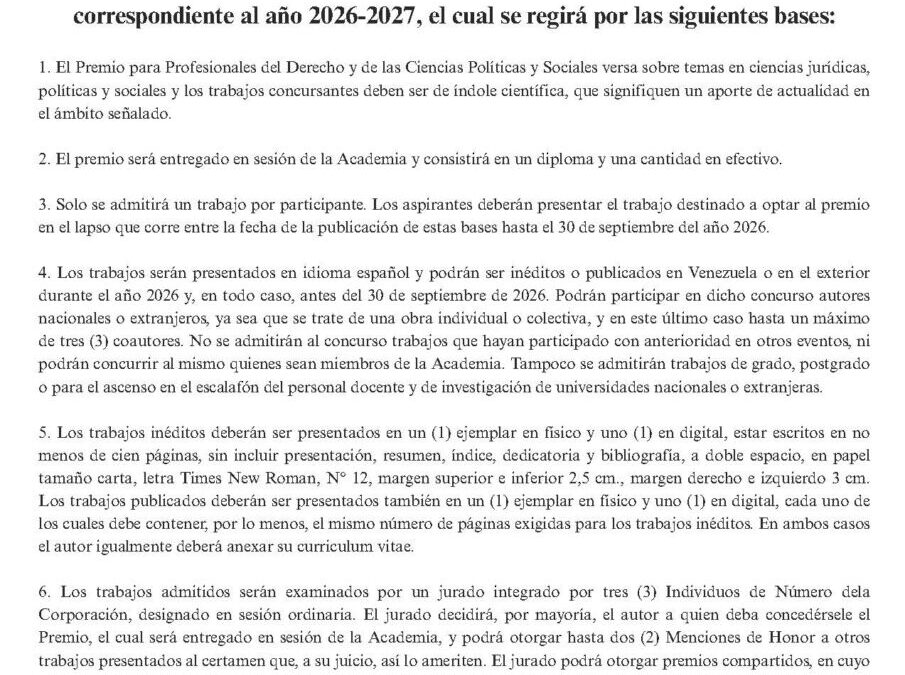 Bases Premio Academia de Ciencias Políticas y Sociales para Profesionales del Derecho y de las Ciencias Políticas y Sociales «Dr. Luis Henrique Farías Mata» 2026-2027