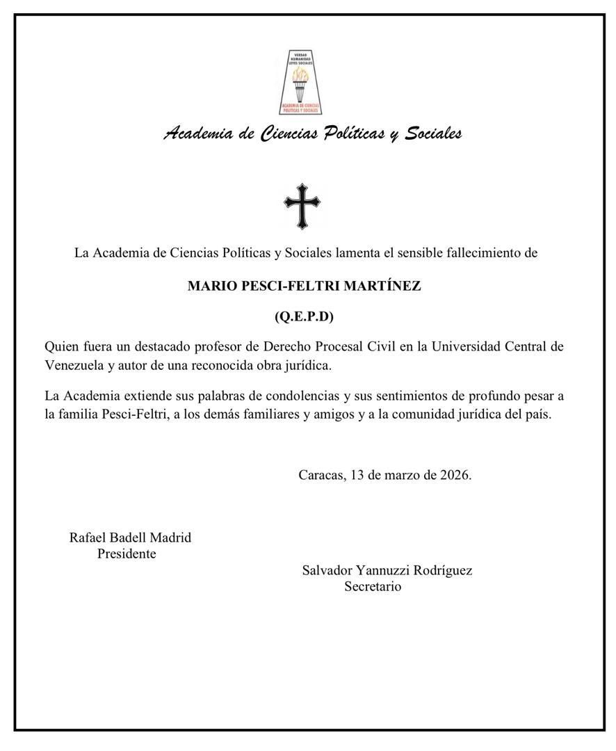 La Academia de Ciencias Políticas y Sociales lamenta el sensible fallecimiento de MARIO PESCI-FELTRI MARTINEZ
