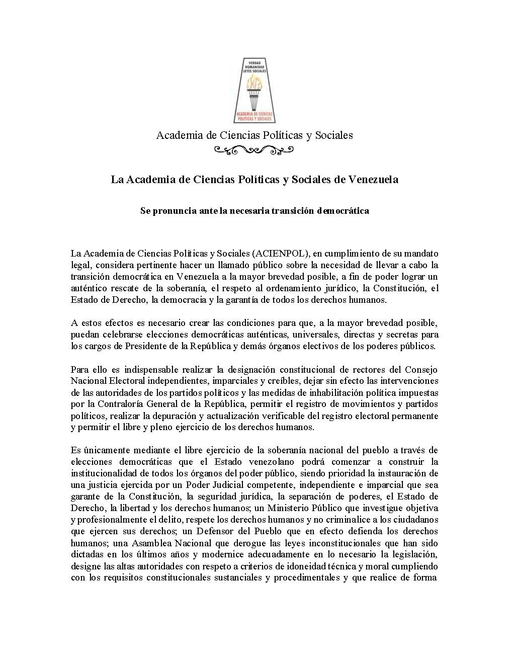 La Academia de Ciencias Políticas y Sociales de Venezuela. Se pronuncia ante la necesaria transición democrática
