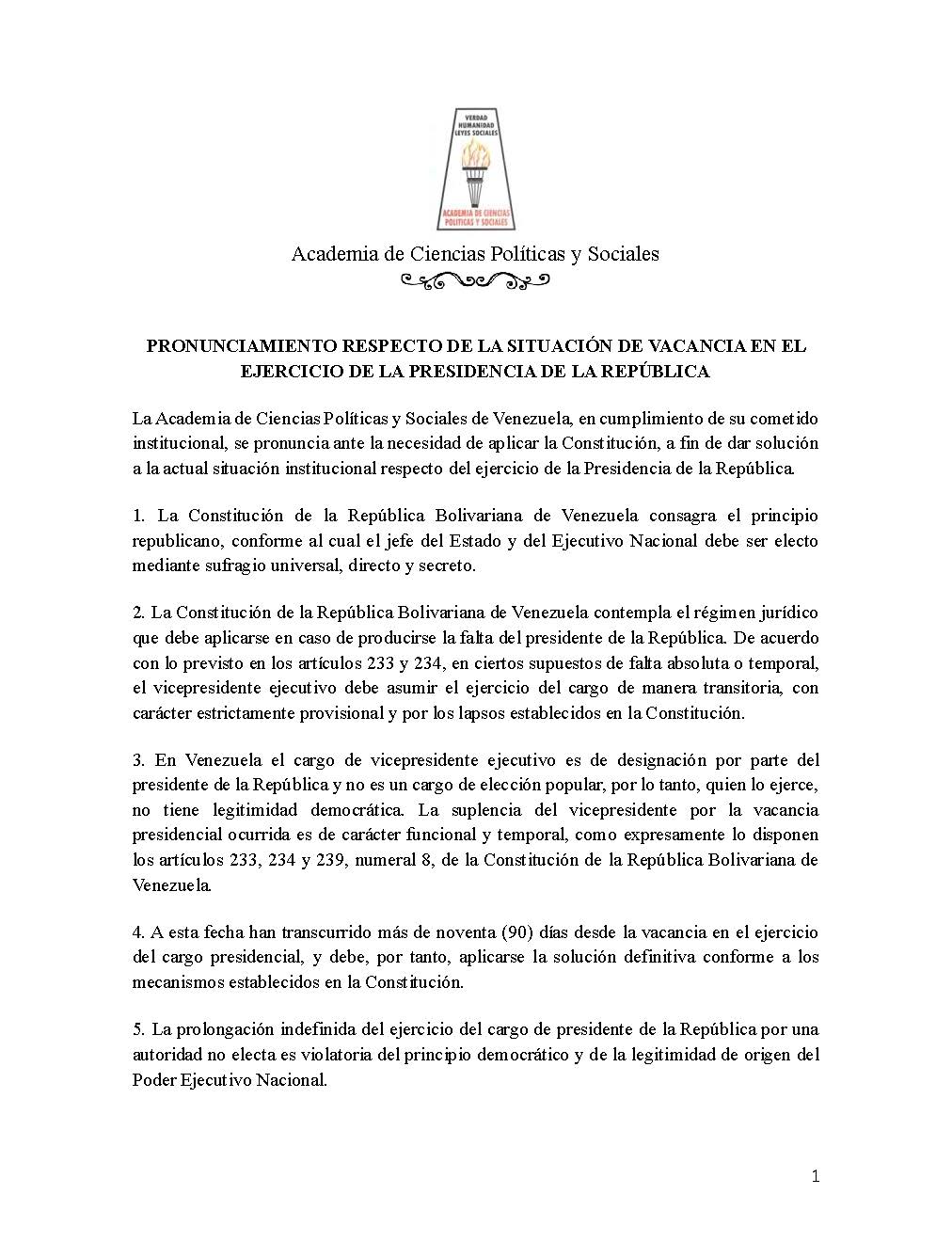 Pronunciamiento respecto de la situación de vacancia en el ejercicio de la Presidencia de la República