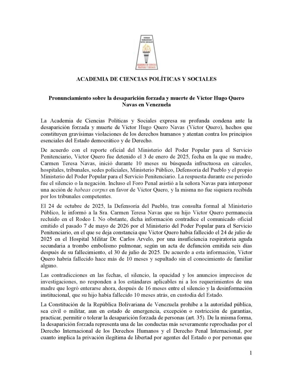 Pronunciamiento sobre la desaparición forzada y muerte de Víctor Hugo Quero Navas en Venezuela