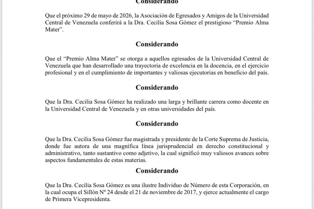 Acuerdo de Júbilo de la Academia de Ciencias Políticas y Sociales por la selección de la académica Dra. Cecilia Sosa Gómez para recibir el «Premio Alma Mater» UCV 2026