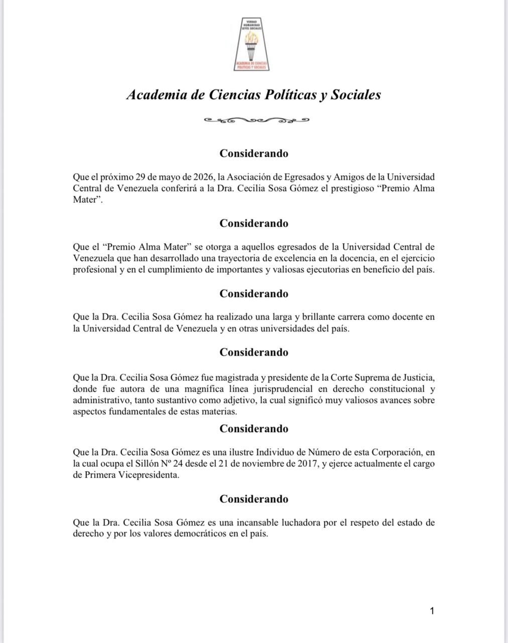 Acuerdo de Júbilo de la Academia de Ciencias Políticas y Sociales por la selección de la académica Dra. Cecilia Sosa Gómez para recibir el «Premio Alma Mater» 2026