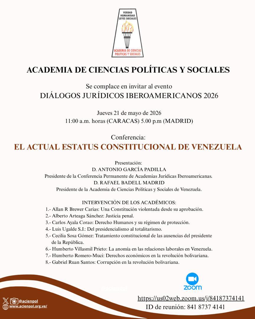 Diálogos Jurídicos Iberoamericanos 2026. Jueves 21 de mayo de 2026. 11:00 a.m. horas (Caracas) 5:00 p.m. (Madrid)