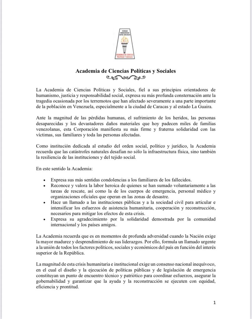 La Academia de Ciencias Políticas y Sociales expresa su más profunda consternación ante la tragedia ocasionada por los terremotos en el país