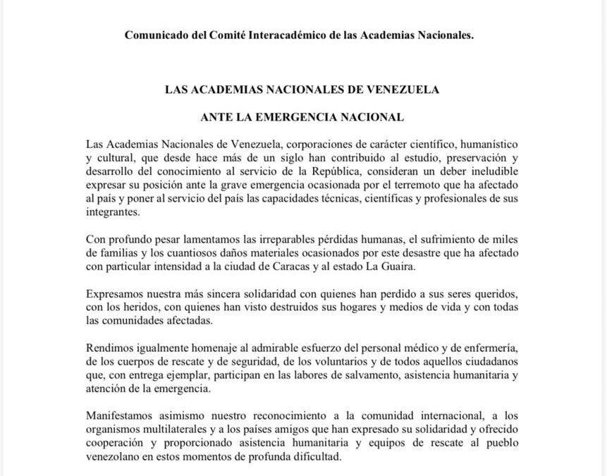 Statement from the Interacademic Committee of the National Academies THE NATIONAL ACADEMIES OF VENEZUELA IN RESPONSE TO THE NATIONAL EMERGENCY