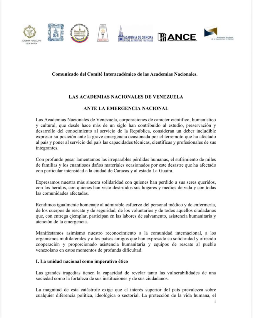 Statement from the Interacademic Committee of the National Academies THE NATIONAL ACADEMIES OF VENEZUELA IN RESPONSE TO THE NATIONAL EMERGENCY