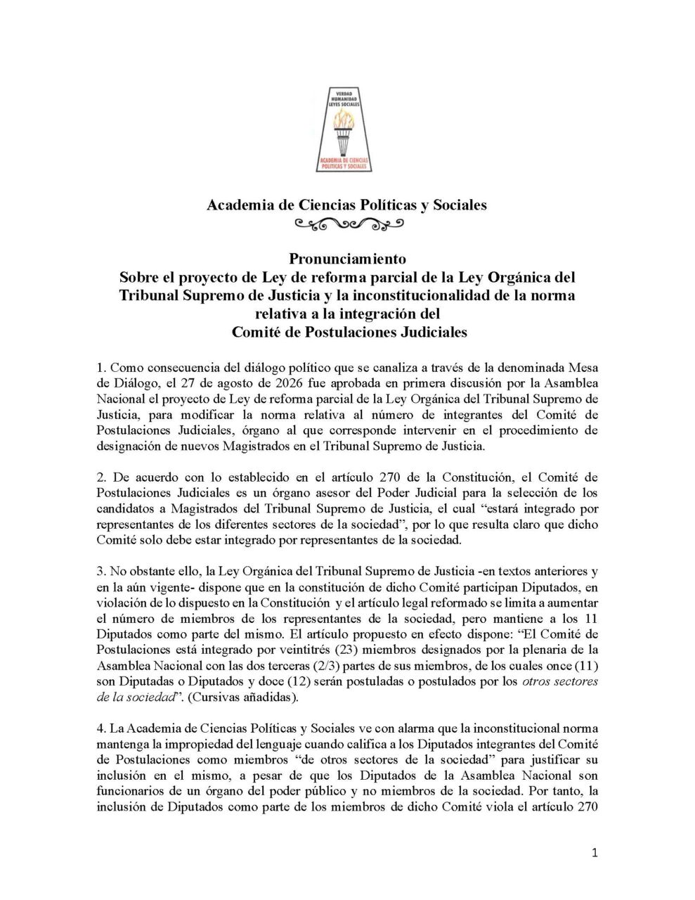 Pronunciamiento de la Academia de Ciencias Políticas y Sociales sobre el proyecto de Ley de reforma parcial de la Ley Orgánica del Tribunal Supremo de Justicia y la inconstitucionalidad de la norma relativa a la integración del Comité de Postulaciones Judiciales