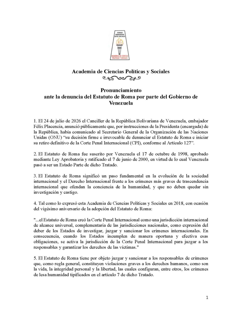 Pronunciamiento de la Academia de Ciencias Políticas y Sociales ante la denuncia del Estatuto de Roma por parte del Gobierno de Venezuela